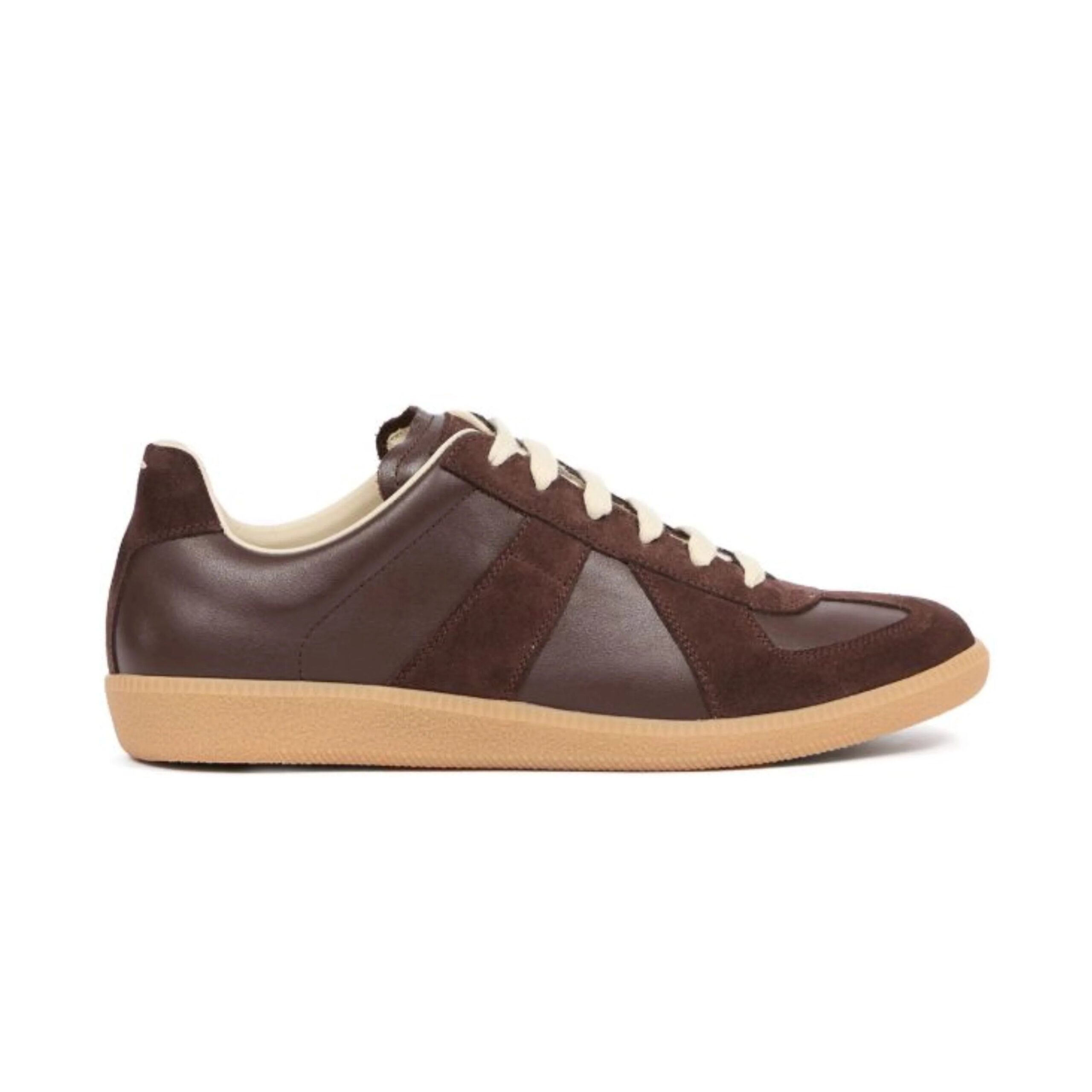 894BE9A6-3726-43C1-9B62-F2946C150366.jpg Maison Margiela - Replica leather and suede sneakers - brown - Image 1