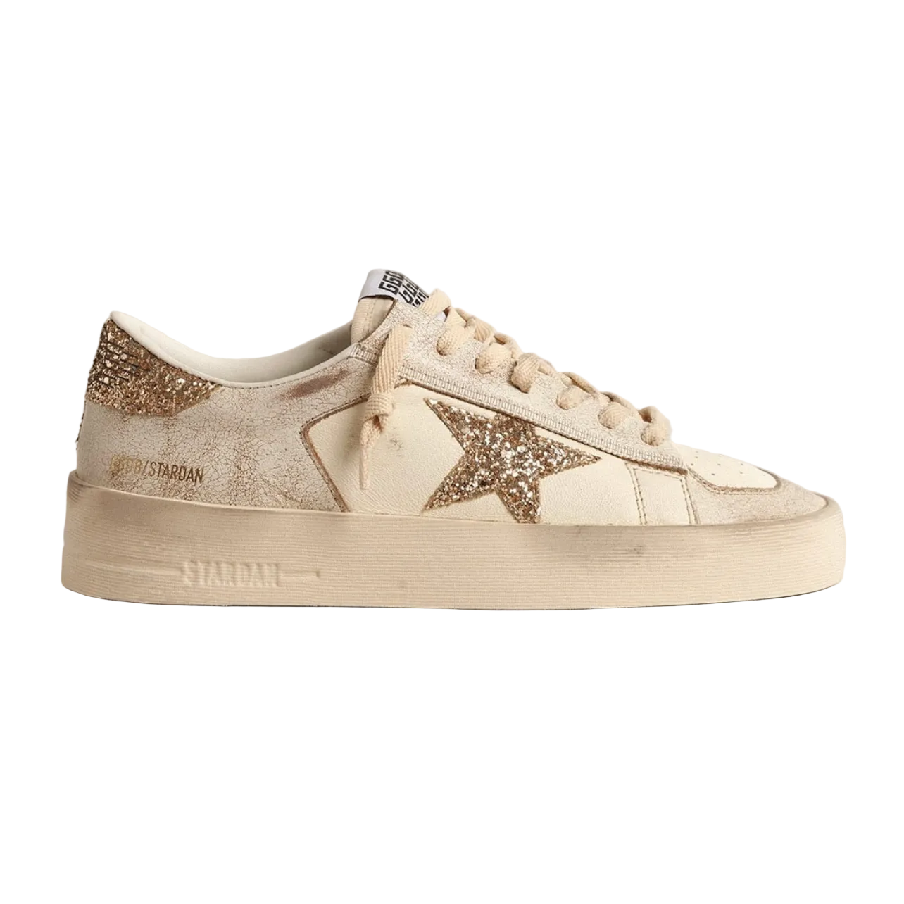 E4F93B38-D13C-4E0F-AB33-842BCEA57C6F.png Golden Goose Stardan in ecru nappa leather with gold glitter star and heel tab(Women's) - Image 1